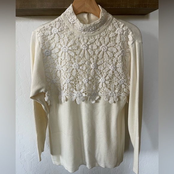 Wool blend women’s ivory/cream sweater with Crotchet Floral Details•••Mock neck - Picture 2 of 10